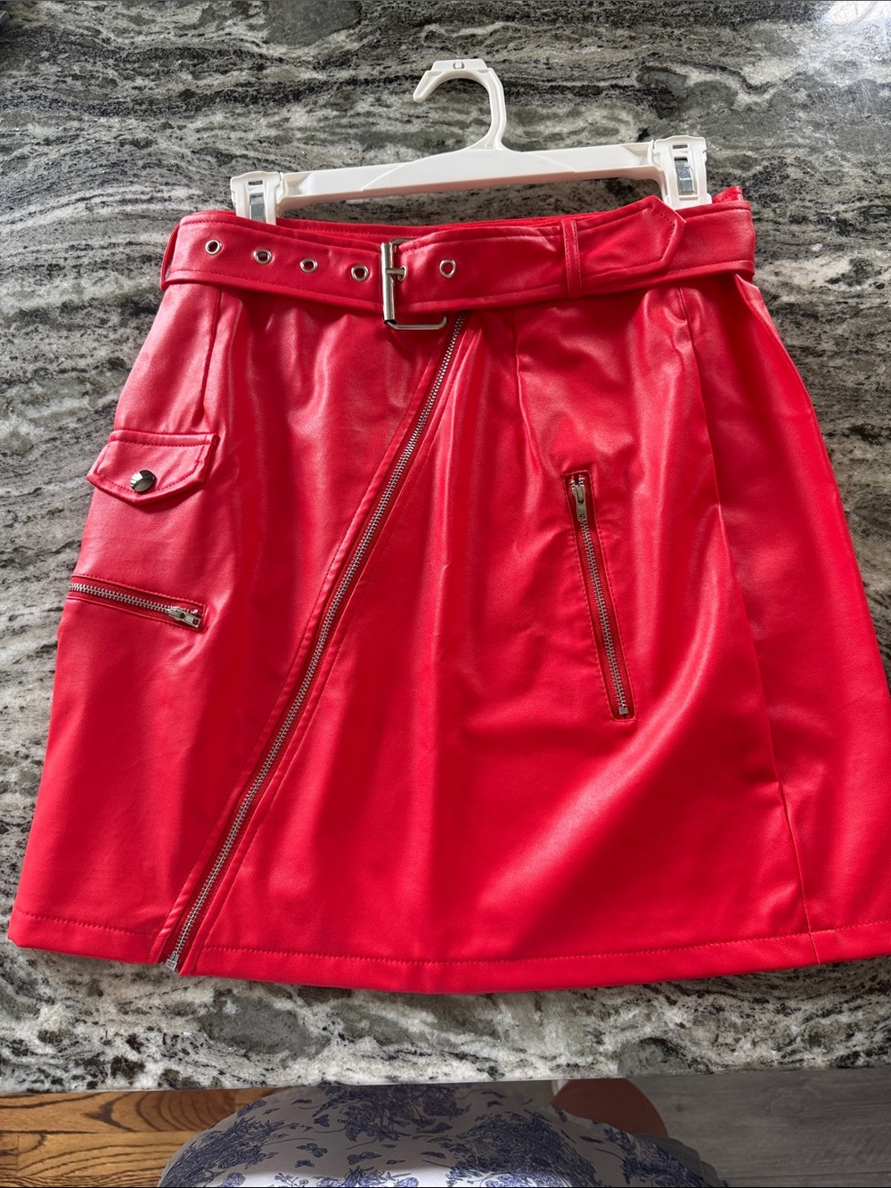 PrettyLittleThing Red Faux Leather A-Line Mini Skirt with Belt
